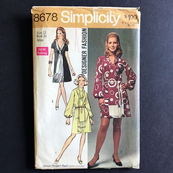 Dress and Scarf Pattern Simplicity 1970 Designer 8678 Size 12 Vintage - Picture 1 of 2